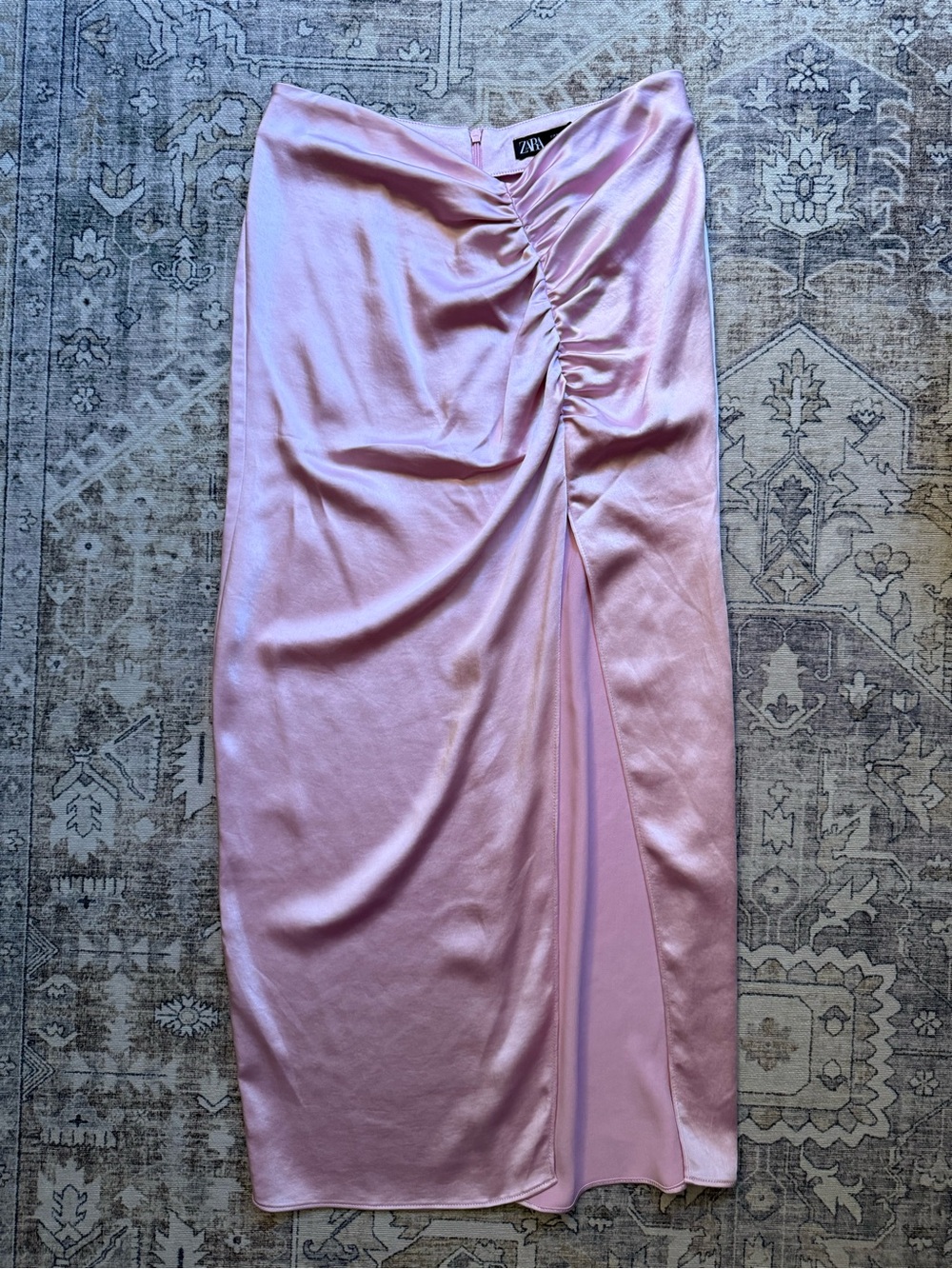 Zara Light Pink Satin Ruched Midi Skirt